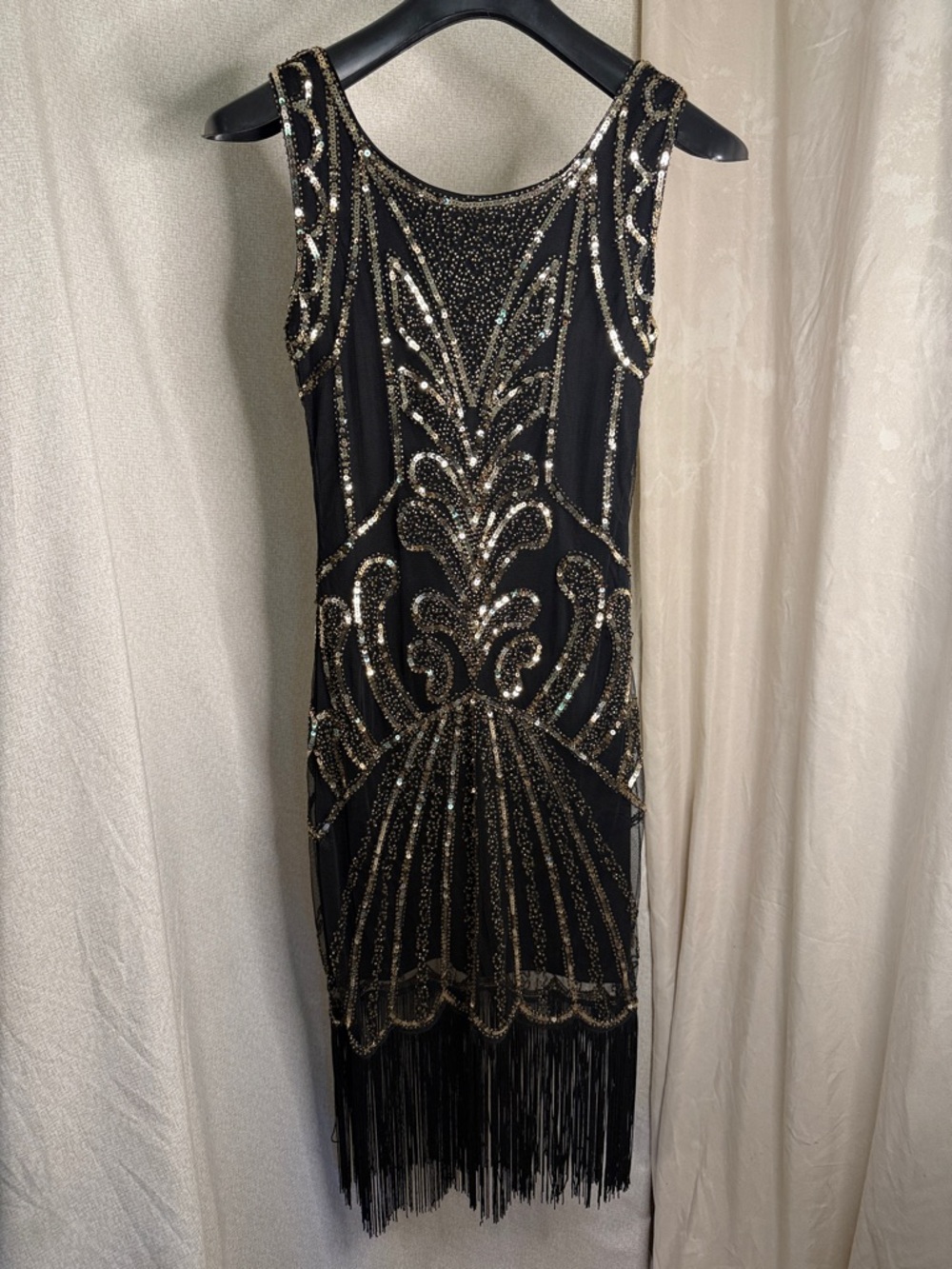 Black Beaded Fringe Midi Dress with Gold Embellishment
